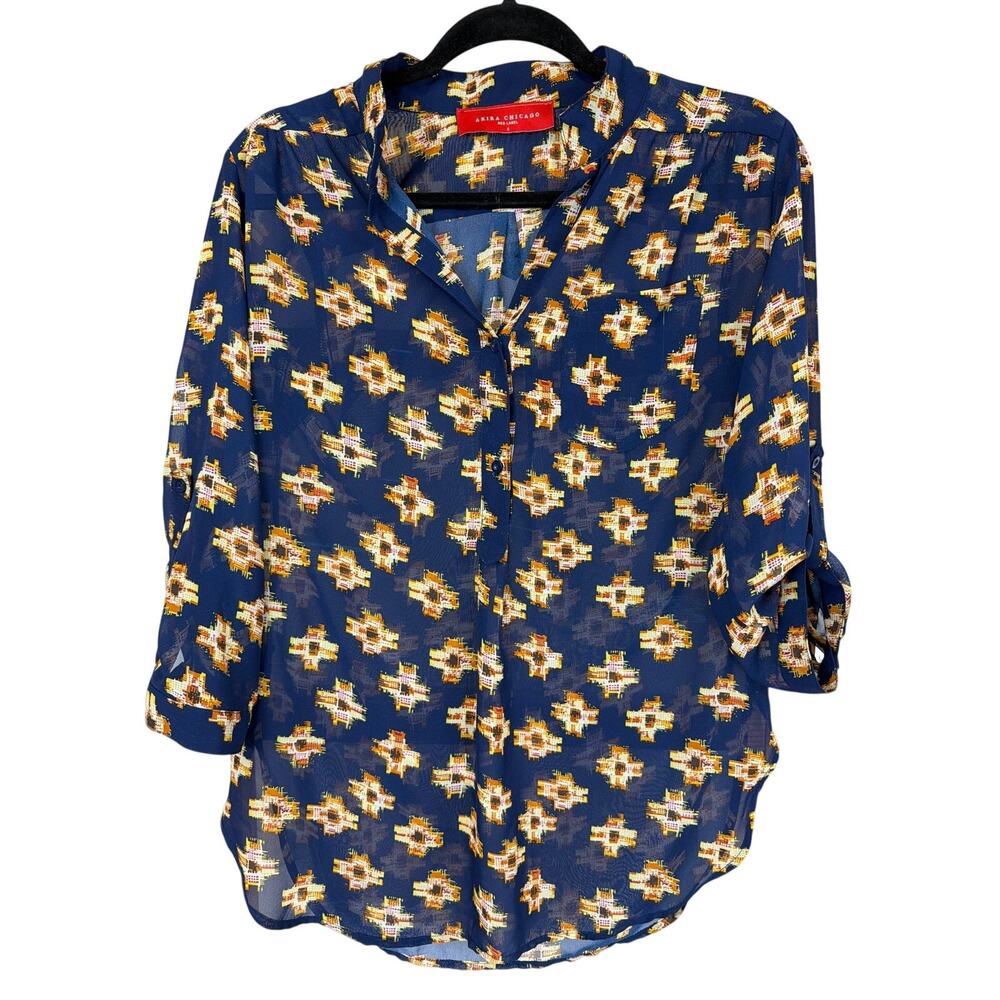 Akira Chicago Navy Multicolored Pattern Button Up Long Sleeve Top Size Small